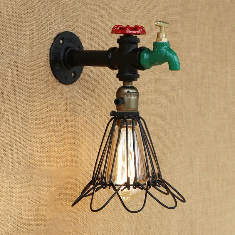 Black Finish 1 Bulb Wall Sconce Rustic Metal Caged Shade Lighting Fixture with Faucet and Valve Clearhalo 'Art deco wall lights' 'Cast Iron' 'Glass' 'Industrial wall lights' 'Industrial' 'Middle century wall lights' 'Modern' 'Rustic wall lights' 'Tiffany' 'Traditional wall lights' 'Wall Lamps & Sconces' 'Wall Lights' Lighting' 1420450