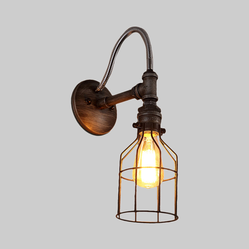 Warehouse Caged Wall Light Fixture with Gooseneck Arm 1 Light Metal Wall Sconce Light in Rust Clearhalo 'Art deco wall lights' 'Cast Iron' 'Glass' 'Industrial wall lights' 'Industrial' 'Middle century wall lights' 'Modern' 'Rustic wall lights' 'Tiffany' 'Traditional wall lights' 'Wall Lamps & Sconces' 'Wall Lights' Lighting' 1420453