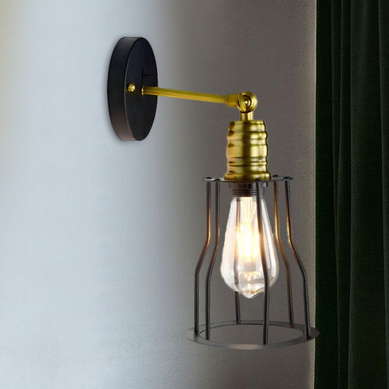 1 Bulb Iron Wall Sconce Lighting Farmhouse Brass/Aged Brass Cage Shade Dining Room Adjustable Wall Lighting Clearhalo 'Art deco wall lights' 'Cast Iron' 'Glass' 'Industrial wall lights' 'Industrial' 'Middle century wall lights' 'Modern' 'Rustic wall lights' 'Tiffany' 'Traditional wall lights' 'Wall Lamps & Sconces' 'Wall Lights' Lighting' 1420507