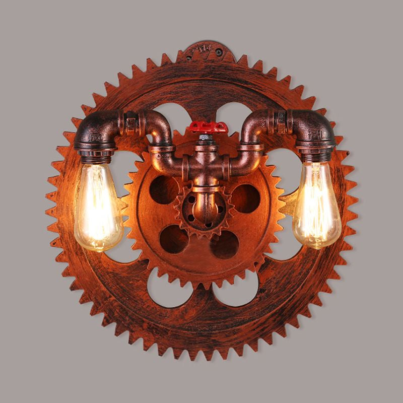 Iron Exposed Bulb Wall Mount Light Vintage Style 2 Lights Farmhouse Wall Lighting with Gear Decoration in Copper Clearhalo 'Art deco wall lights' 'Cast Iron' 'Glass' 'Industrial wall lights' 'Industrial' 'Middle century wall lights' 'Modern' 'Rustic wall lights' 'Tiffany' 'Traditional wall lights' 'Wall Lamps & Sconces' 'Wall Lights' Lighting' 1420534