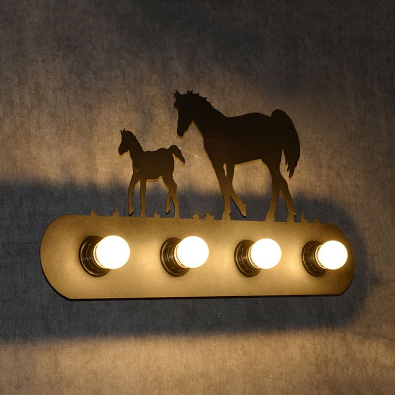 Lodge Open Bulb Wall Light with Elk/Horse/Sheep/Mountain/Windmill/Tree Design 4 Bulbs Metallic Wall Sconce in Black for Indoor Clearhalo 'Wall Lamps & Sconces' 'Wall Lights' Lighting' 1420552