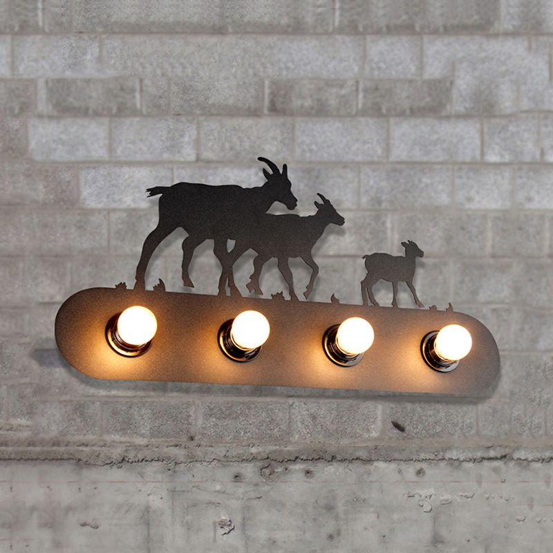 Lodge Open Bulb Wall Light with Elk/Horse/Sheep/Mountain/Windmill/Tree Design 4 Bulbs Metallic Wall Sconce in Black for Indoor Clearhalo 'Wall Lamps & Sconces' 'Wall Lights' Lighting' 1420553