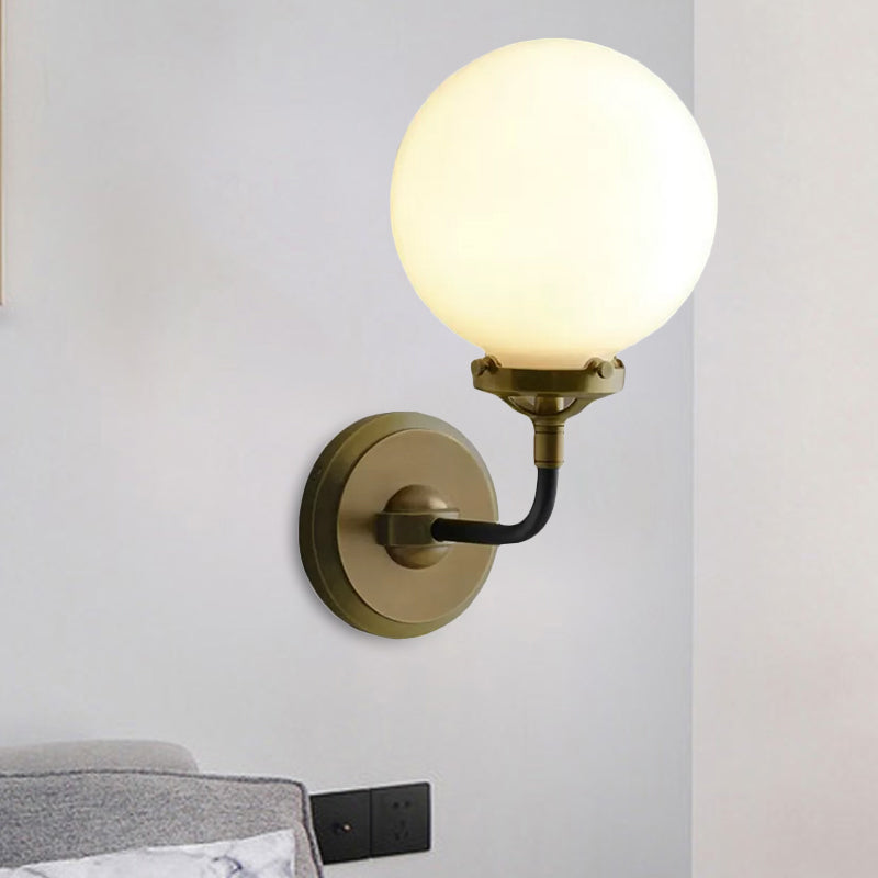 Modern Globe Shade Wall Lighting Fixture 1/2-Bulb Opal Glass Sconce Light in Antique Brass/Chrome Clearhalo 'Cast Iron' 'Glass' 'Industrial wall lights' 'Industrial' 'Middle century wall lights' 'Modern' 'Tiffany' 'Traditional wall lights' 'Wall Lamps & Sconces' 'Wall Lights' Lighting' 1420587