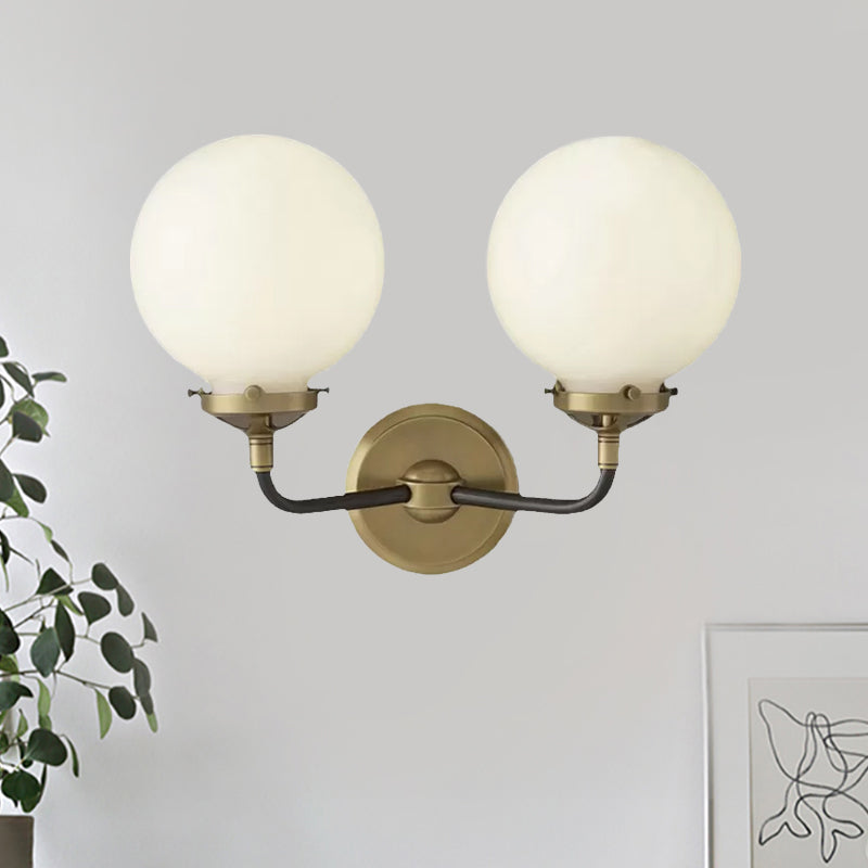 Modern Globe Shade Wall Lighting Fixture 1/2-Bulb Opal Glass Sconce Light in Antique Brass/Chrome Clearhalo 'Cast Iron' 'Glass' 'Industrial wall lights' 'Industrial' 'Middle century wall lights' 'Modern' 'Tiffany' 'Traditional wall lights' 'Wall Lamps & Sconces' 'Wall Lights' Lighting' 1420588