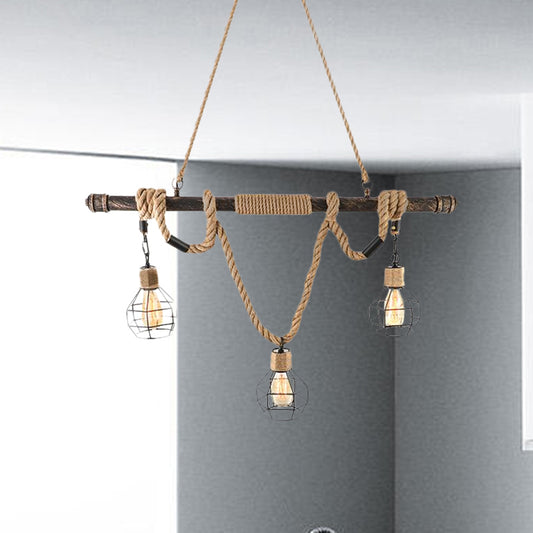3 Head Island Lighting Vintage Style Globe Cage Metal and Rope Hanging Light in Beige for Dining Room Clearhalo 'Ceiling Lights' 'Island Lights' Lighting' 1420680