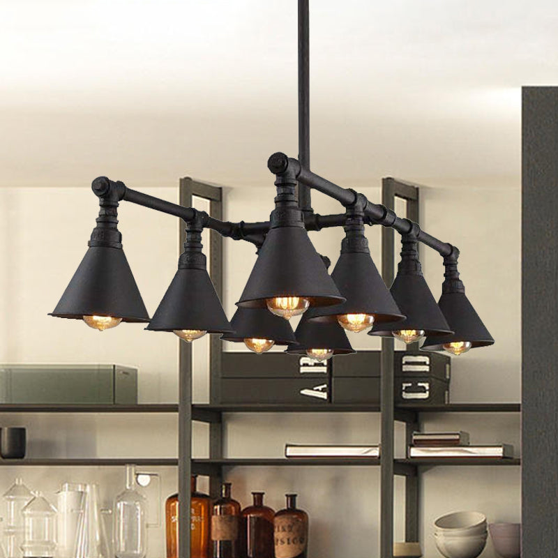 8 Lights Cone Island Chandelier Light Vintage Style Black Finish Metal Hanging Pendant Light with Pipe Clearhalo 'Ceiling Lights' 'Island Lights' Lighting' 1420685