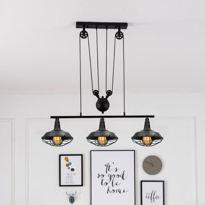 Farmhouse Barn Island Pendant 3 Lights Metallic Pendant Lighting with Cage Shade and Pulley in Black Clearhalo 'Ceiling Lights' 'Island Lights' Lighting' 1420690