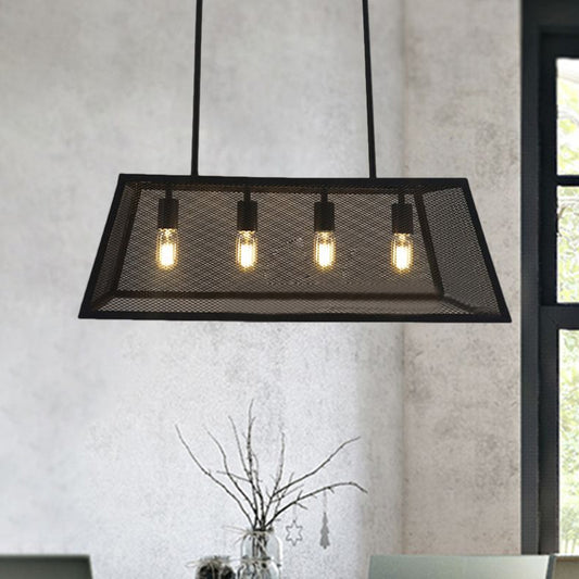 Linear Cage Dining Room Hanging Ceiling Light with Mesh Shade Vintage Style Metal 4 Lights Black Island Lighting Clearhalo 'Ceiling Lights' 'Island Lights' Lighting' 1420691