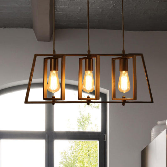 Farmhouse Trapezoid Frame Island Pendant Light 3 Lights Metallic Island Chandelier Light with Open Bulb in Black Clearhalo 'Ceiling Lights' 'Island Lights' Lighting' 1420697