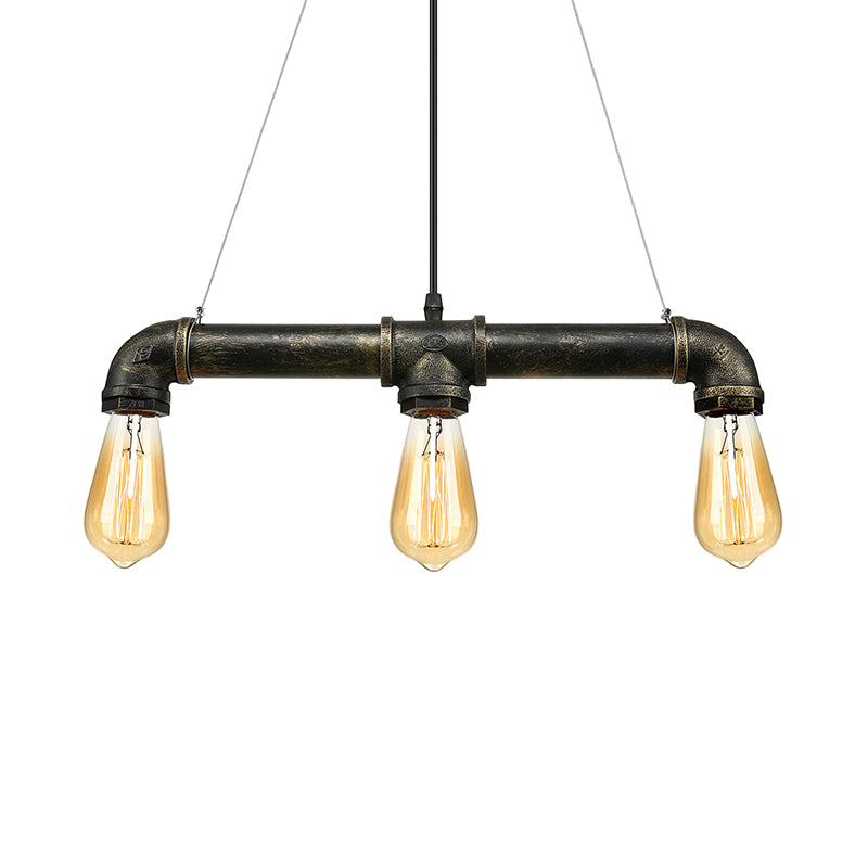 Aged Brass Pipe Ceiling Light Fixture with Open Bulb Antique Style Iron 3 Lights Indoor Island Pendant Light Clearhalo 'Ceiling Lights' 'Island Lights' Lighting' 142072