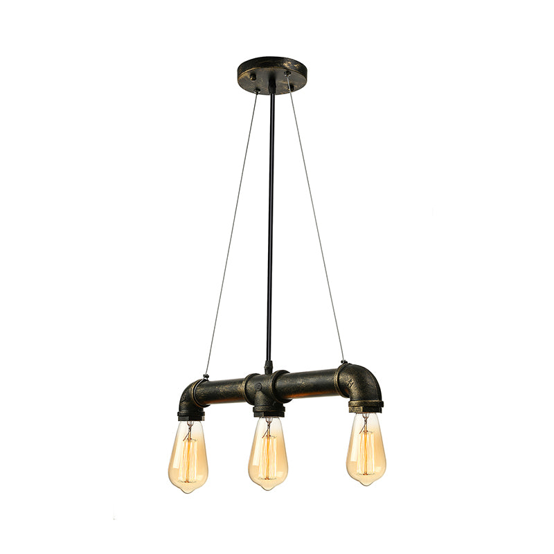 Aged Brass Pipe Ceiling Light Fixture with Open Bulb Antique Style Iron 3 Lights Indoor Island Pendant Light Clearhalo 'Ceiling Lights' 'Island Lights' Lighting' 142073