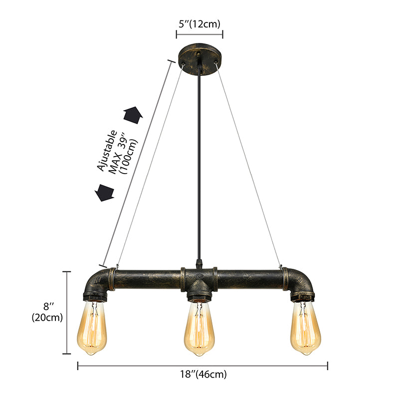 Aged Brass Pipe Ceiling Light Fixture with Open Bulb Antique Style Iron 3 Lights Indoor Island Pendant Light Clearhalo 'Ceiling Lights' 'Island Lights' Lighting' 142074