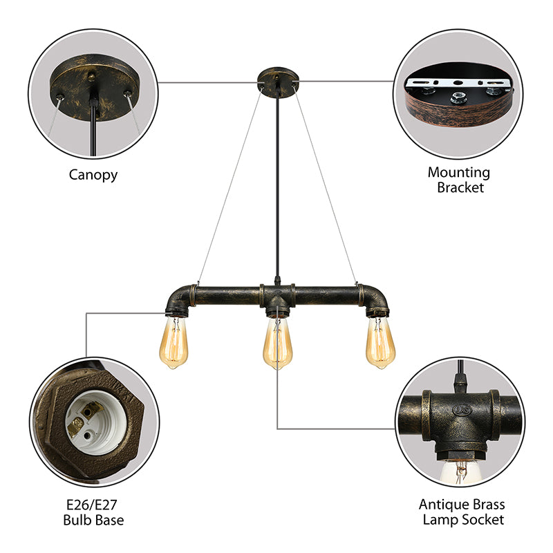 Aged Brass Pipe Ceiling Light Fixture with Open Bulb Antique Style Iron 3 Lights Indoor Island Pendant Light Clearhalo 'Ceiling Lights' 'Island Lights' Lighting' 142075