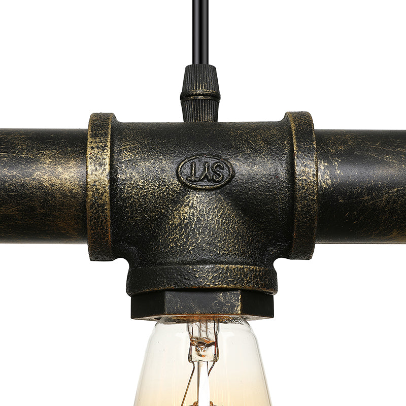 Aged Brass Pipe Ceiling Light Fixture with Open Bulb Antique Style Iron 3 Lights Indoor Island Pendant Light Clearhalo 'Ceiling Lights' 'Island Lights' Lighting' 142076