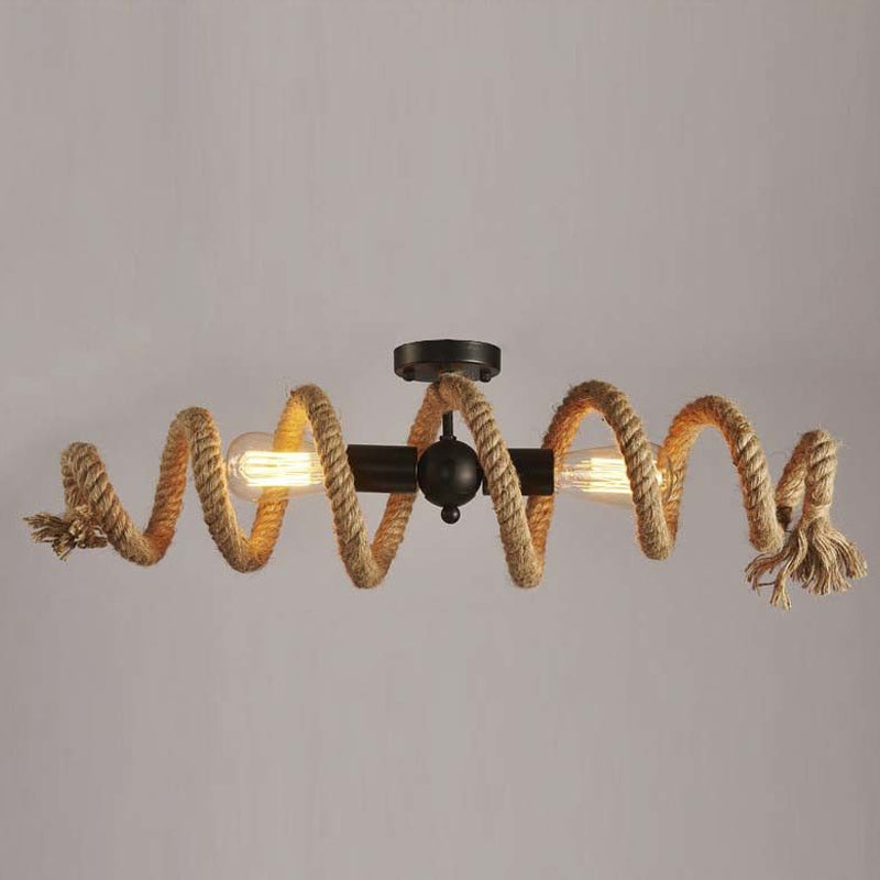 2-Light Swirl Semi Flush Mount Lighting with Open Bulb Industrial Black Metal and Hemp Rope Ceiling Light Fixture Clearhalo 'Ceiling Lights' 'Close To Ceiling Lights' 'Close to ceiling' 'Semi-flushmount' Lighting' 1420763