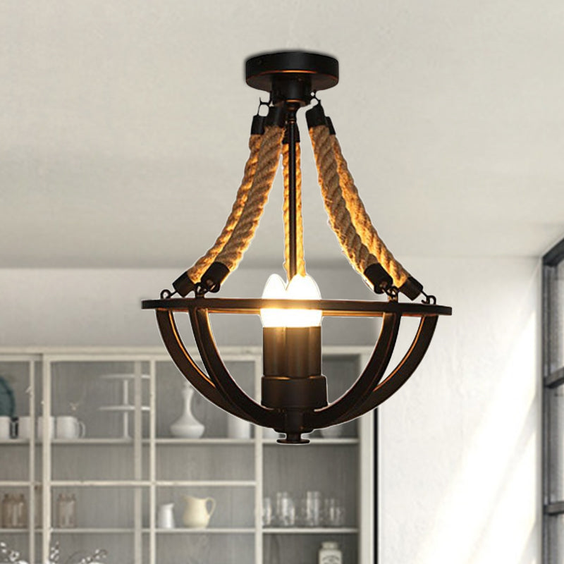 Black Bowl Cage Semi-Flush Mount Light Lodge Metal 3 Lights Dining Room Close to Ceiling Light with Hanging Rope Clearhalo 'Ceiling Lights' 'Close To Ceiling Lights' 'Close to ceiling' 'Semi-flushmount' Lighting' 1420764