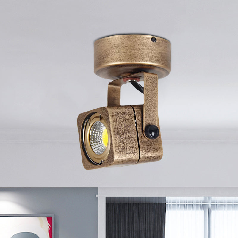 Brass Cylinder/Squared Semi-Flush Mount Light Antique Style Metal LED Bedroom Adjustable Ceiling Fixture, 3"/5" W Clearhalo 'Ceiling Lights' 'Close To Ceiling Lights' 'Close to ceiling' 'Semi-flushmount' Lighting' 1420800