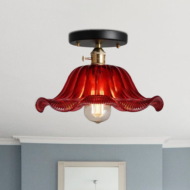 Red/Blue/Clear One Light Ceiling Mount Rustic Ribbed Glass Scalloped Semi Flush Light, 8"/10"/12" Wide Clearhalo 'Ceiling Lights' 'Close To Ceiling Lights' 'Close to ceiling' 'Glass shade' 'Glass' 'Semi-flushmount' Lighting' 1420816