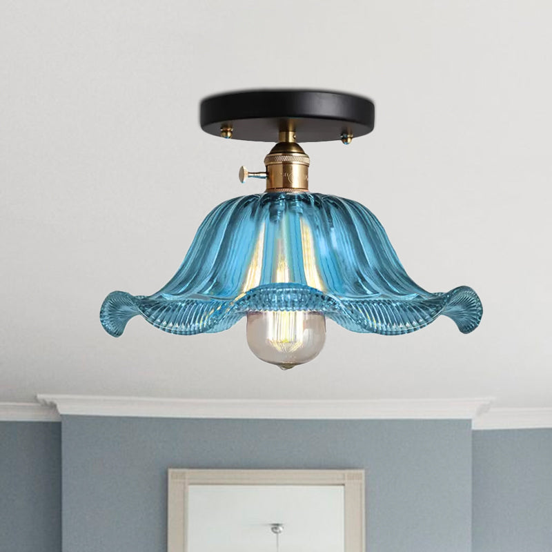Red/Blue/Clear One Light Ceiling Mount Rustic Ribbed Glass Scalloped Semi Flush Light, 8"/10"/12" Wide Clearhalo 'Ceiling Lights' 'Close To Ceiling Lights' 'Close to ceiling' 'Glass shade' 'Glass' 'Semi-flushmount' Lighting' 1420818