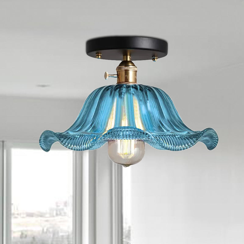 Red/Blue/Clear One Light Ceiling Mount Rustic Ribbed Glass Scalloped Semi Flush Light, 8"/10"/12" Wide Clearhalo 'Ceiling Lights' 'Close To Ceiling Lights' 'Close to ceiling' 'Glass shade' 'Glass' 'Semi-flushmount' Lighting' 1420819