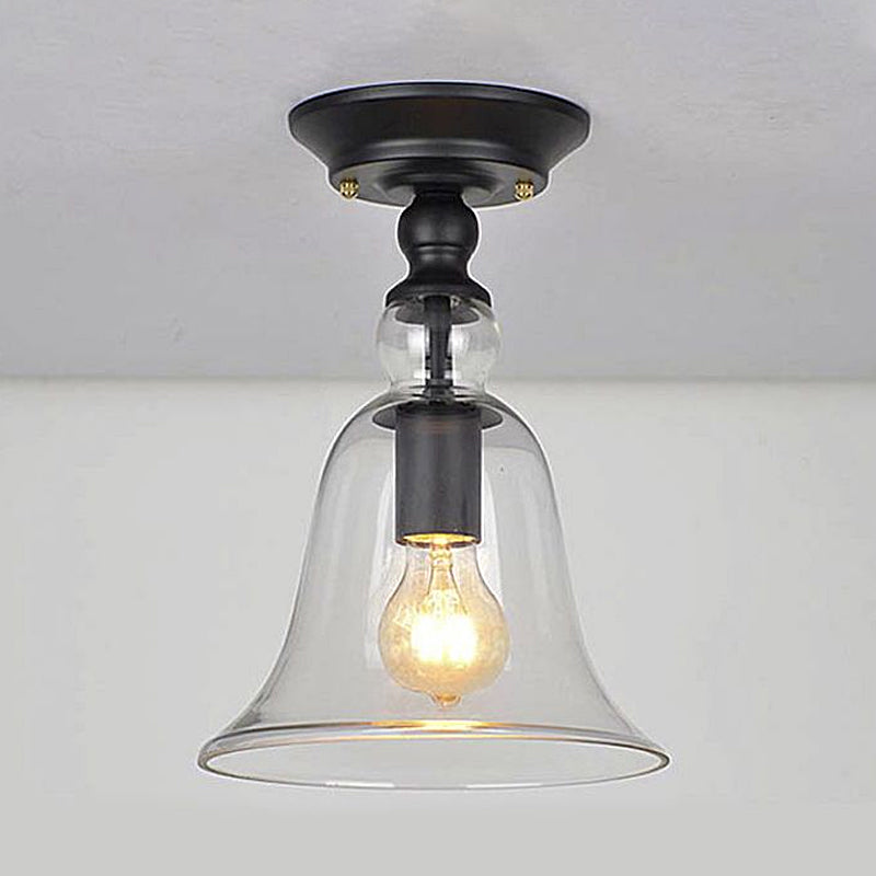 One Bulb Ceiling Lighting Industrial Flared Shade Clear Glass Semi Flush Mount Light in Black Clearhalo 'Ceiling Lights' 'Close To Ceiling Lights' 'Close to ceiling' 'Glass shade' 'Glass' 'Semi-flushmount' Lighting' 1420829