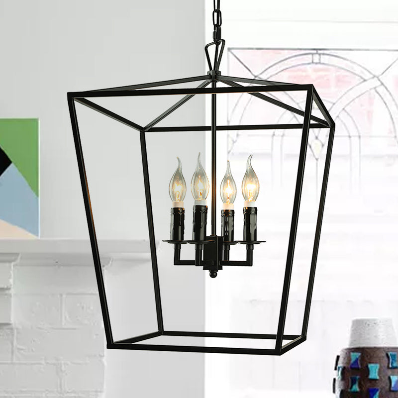 Vintage Squared Cage Chandelier Light Fixture with Candle 4-Light Wrought Iron Medium Ceiling Light in Black Clearhalo 'Ceiling Lights' 'Chandeliers' Lighting' options 1420842