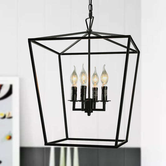 Vintage Squared Cage Chandelier Light Fixture with Candle 4-Light Wrought Iron Medium Ceiling Light in Black Clearhalo 'Ceiling Lights' 'Chandeliers' Lighting' options 1420843