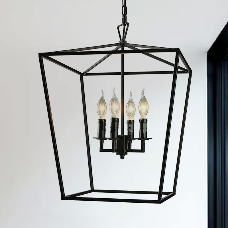 Vintage Squared Cage Chandelier Light Fixture with Candle 4-Light Wrought Iron Medium Ceiling Light in Black Clearhalo 'Ceiling Lights' 'Chandeliers' Lighting' options 1420844