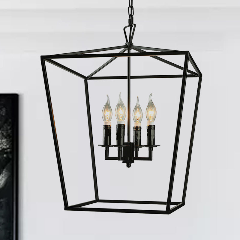 Vintage Squared Cage Chandelier Light Fixture with Candle 4-Light Wrought Iron Medium Ceiling Light in Black Clearhalo 'Ceiling Lights' 'Chandeliers' Lighting' options 1420845