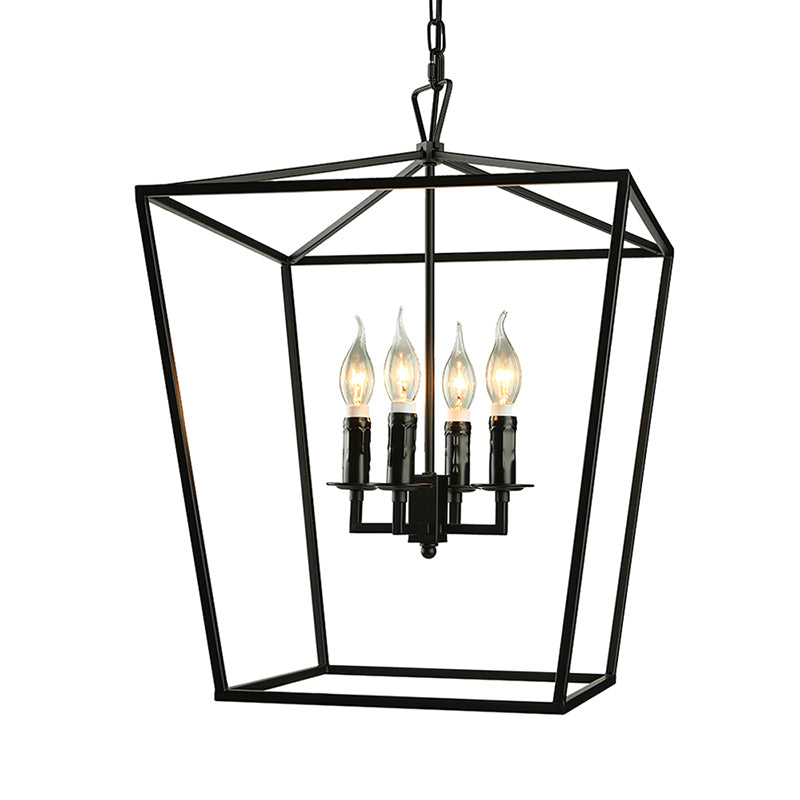 Vintage Squared Cage Chandelier Light Fixture with Candle 4-Light Wrought Iron Medium Ceiling Light in Black Clearhalo 'Ceiling Lights' 'Chandeliers' Lighting' options 1420846