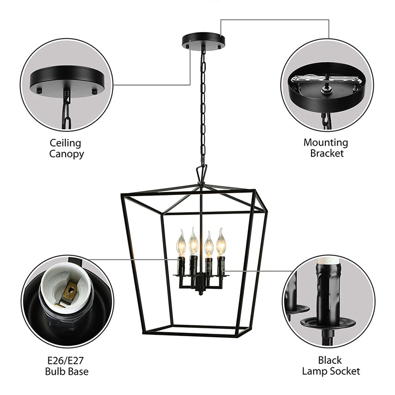 Vintage Squared Cage Chandelier Light Fixture with Candle 4-Light Wrought Iron Medium Ceiling Light in Black Clearhalo 'Ceiling Lights' 'Chandeliers' Lighting' options 1420848