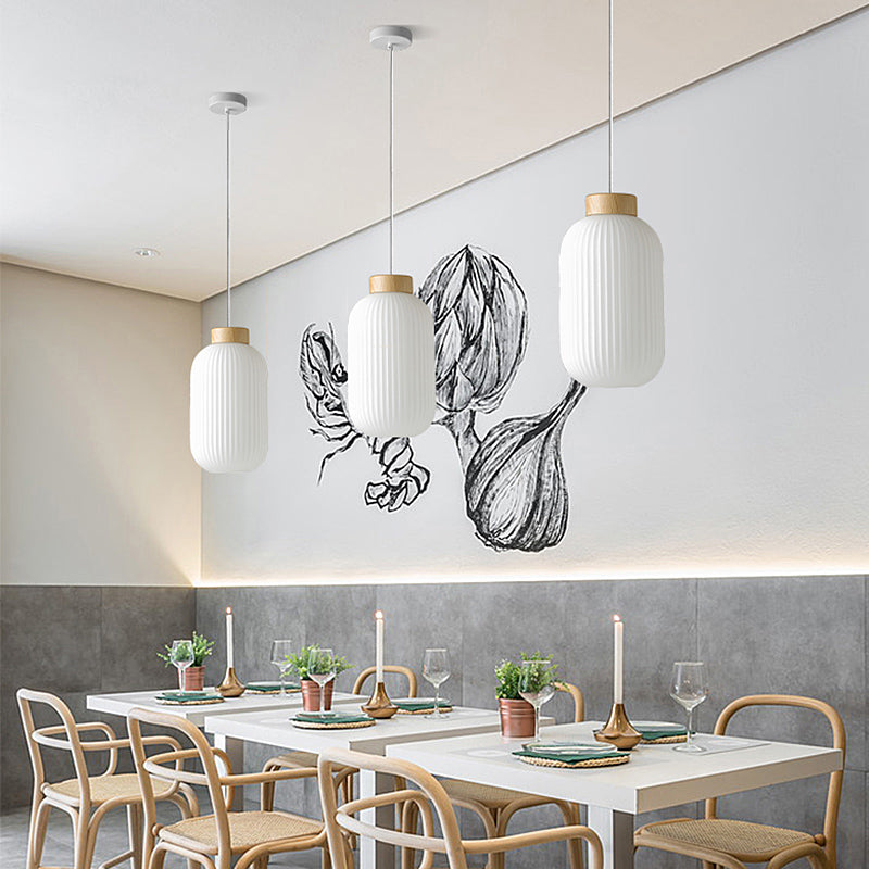 5.5"/8"/12" W Cylinder Pendant Light with Milk Glass Ribbed Shade Modern 1 Light Restaurant Ceiling Fixture in White Clearhalo 'Ceiling Lights' 'Close To Ceiling Lights' 'Glass shade' 'Glass' 'Modern Pendants' 'Modern' 'Pendant Lights' 'Pendants' Lighting' 1420869