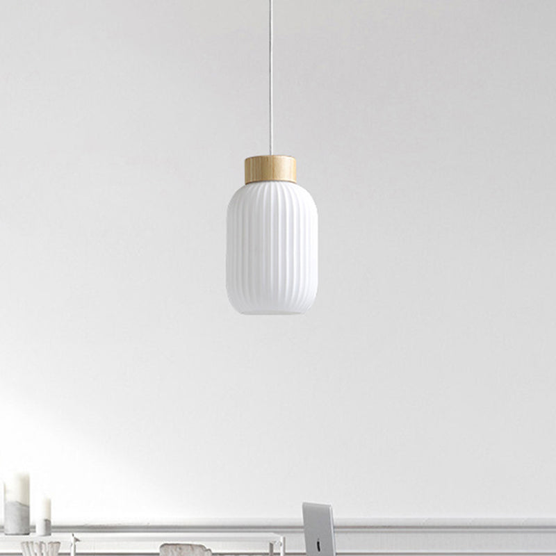 5.5"/8"/12" W Cylinder Pendant Light with Milk Glass Ribbed Shade Modern 1 Light Restaurant Ceiling Fixture in White Clearhalo 'Ceiling Lights' 'Close To Ceiling Lights' 'Glass shade' 'Glass' 'Modern Pendants' 'Modern' 'Pendant Lights' 'Pendants' Lighting' 1420871