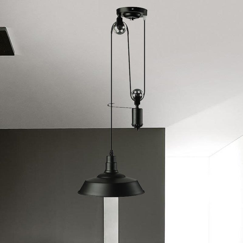 Farmhouse Pulley Pendant Light with Barn Shade 1 Bulb Metallic Hanging Lamp in Black for Kitchen Clearhalo 'Art Deco Pendants' 'Black' 'Cast Iron' 'Ceiling Lights' 'Ceramic' 'Crystal' 'Industrial Pendants' 'Industrial' 'Metal' 'Middle Century Pendants' 'Pendant Lights' 'Pendants' 'Rustic Pendants' 'Tiffany' Lighting' 1420921