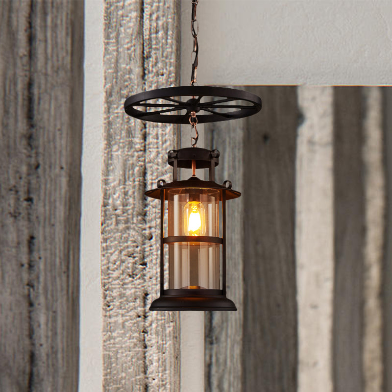 Black Single Light Pendant Ceiling Light Farmhouse Clear Glass Cylinder Lighting Fixture with Iron Wheel Clearhalo 'Art Deco Pendants' 'Black' 'Cast Iron' 'Ceiling Lights' 'Ceramic' 'Crystal' 'Industrial Pendants' 'Industrial' 'Metal' 'Middle Century Pendants' 'Pendant Lights' 'Pendants' 'Rustic Pendants' 'Tiffany' Lighting' 1420928