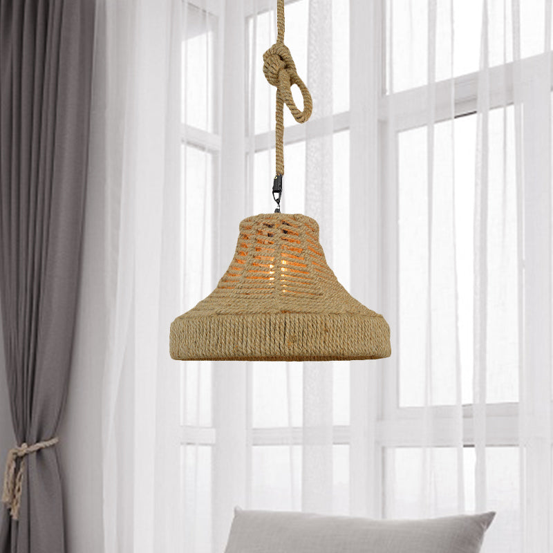 Rope Flared/Bowl Cage Shade Pendant Light Vintage Industrial 1 Head Restaurant Hanging Lamp in Beige Clearhalo 'Ceiling Lights' 'Industrial Pendants' 'Industrial' 'Middle Century Pendants' 'Pendant Lights' 'Pendants' 'Tiffany' Lighting' 1420962