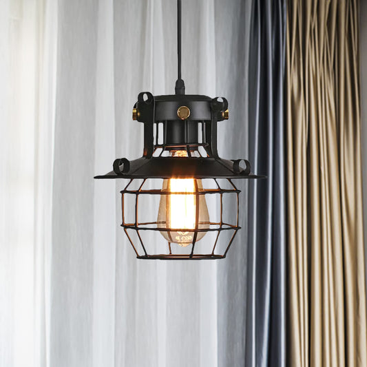 1 Light Iron Pendant Lamp Vintage Industrial Satin Black Dome Cage Shade Restaurant Ceiling Fixture Clearhalo 'Art Deco Pendants' 'Black' 'Cast Iron' 'Ceiling Lights' 'Ceramic' 'Crystal' 'Industrial Pendants' 'Industrial' 'Metal' 'Middle Century Pendants' 'Pendant Lights' 'Pendants' 'Rustic Pendants' 'Tiffany' Lighting' 1421005