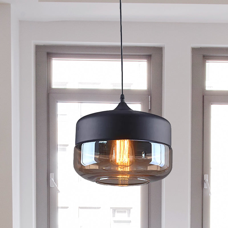 Cylinder Pendant Lighting Industrial 1 Light Brown Glass Hanging Ceiling Light in Black, 5"/7"/8" Wide Clearhalo 'Ceiling Lights' 'Glass shade' 'Glass' 'Industrial Pendants' 'Industrial' 'Middle Century Pendants' 'Pendant Lights' 'Pendants' 'Tiffany' Lighting' 1421041