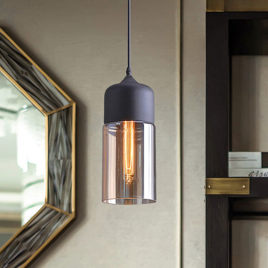 Cylinder Pendant Lighting Industrial 1 Light Brown Glass Hanging Ceiling Light in Black, 5"/7"/8" Wide Clearhalo 'Ceiling Lights' 'Glass shade' 'Glass' 'Industrial Pendants' 'Industrial' 'Middle Century Pendants' 'Pendant Lights' 'Pendants' 'Tiffany' Lighting' 1421045