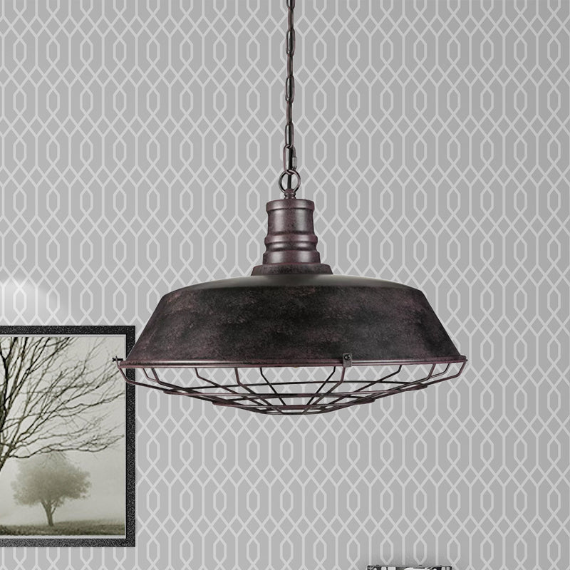 Rustic Wire Frame Hanging Light with Barn Shade 1 Light Wrought Iron Ceiling Light Fixture in Bronze Clearhalo 'Art Deco Pendants' 'Cast Iron' 'Ceiling Lights' 'Ceramic' 'Crystal' 'Industrial Pendants' 'Industrial' 'Metal' 'Middle Century Pendants' 'Pendant Lights' 'Pendants' 'Tiffany' Lighting' 1421089