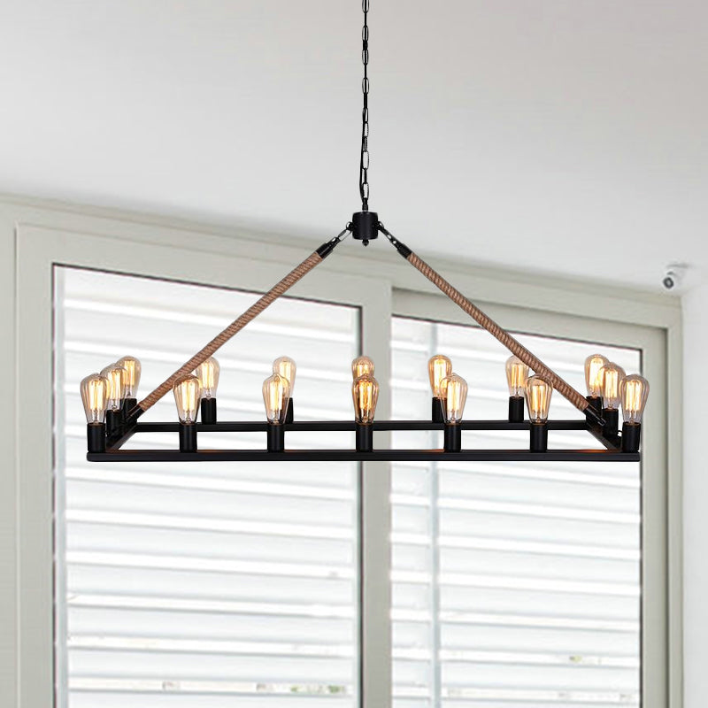 10/16 Bulbs Chandelier Lighting Loft Style Rectangular Frame Metal Pendant Lighting with Rope Detail in Black Clearhalo 'Ceiling Lights' 'Island Lights' Lighting' 1421134