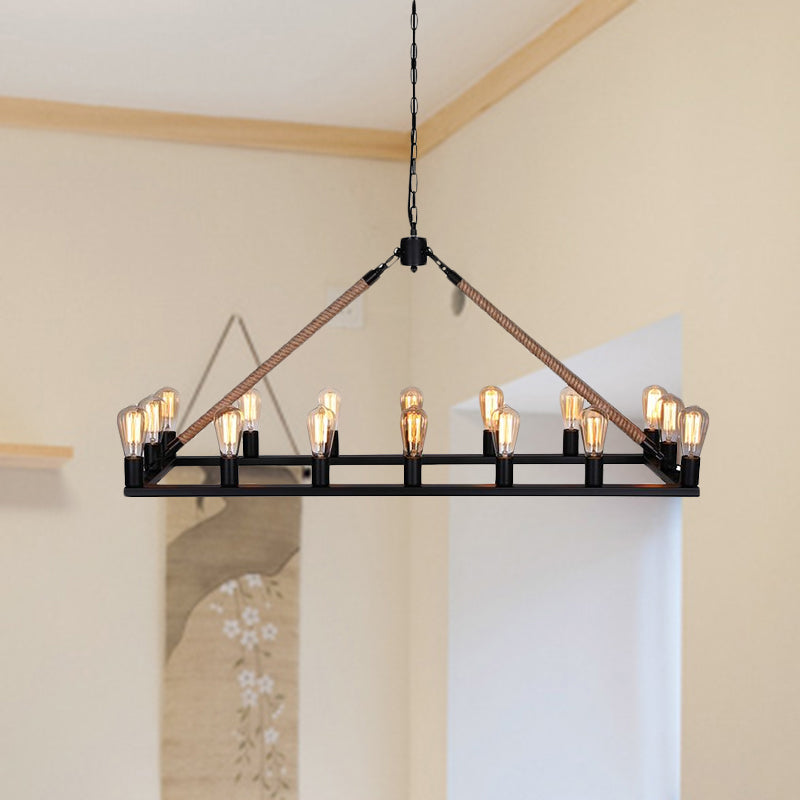 10/16 Bulbs Chandelier Lighting Loft Style Rectangular Frame Metal Pendant Lighting with Rope Detail in Black Clearhalo 'Ceiling Lights' 'Island Lights' Lighting' 1421135