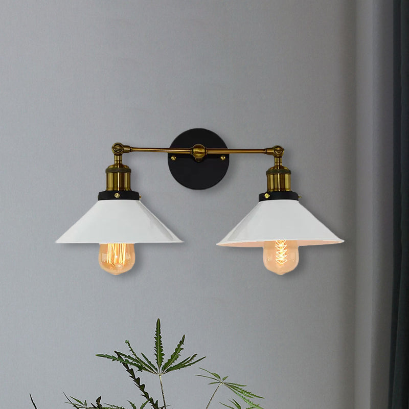 2 Heads Wall Light Industrial Stylish Conical Shade Metal Wall Sconce Lighting in Black/White for Living Room Clearhalo 'Cast Iron' 'Glass' 'Industrial' 'Modern wall lights' 'Modern' 'Tiffany' 'Traditional wall lights' 'Wall Lamps & Sconces' 'Wall Lights' Lighting' 1421160