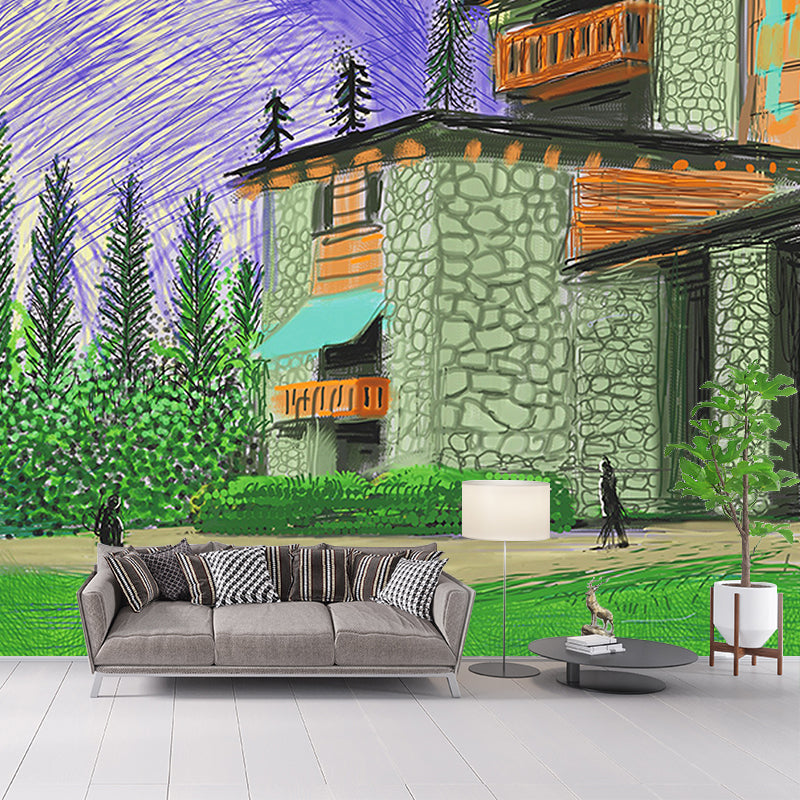 Whole Aesthetics Wallpaper Murals Purple-Green Stone House Beside Mountain Painting Wall Art, Custom-Print Clearhalo 'Wall Decor' 'Wall Mural' 1421304