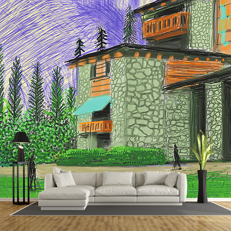 Whole Aesthetics Wallpaper Murals Purple-Green Stone House Beside Mountain Painting Wall Art, Custom-Print Clearhalo 'Wall Decor' 'Wall Mural' 1421305