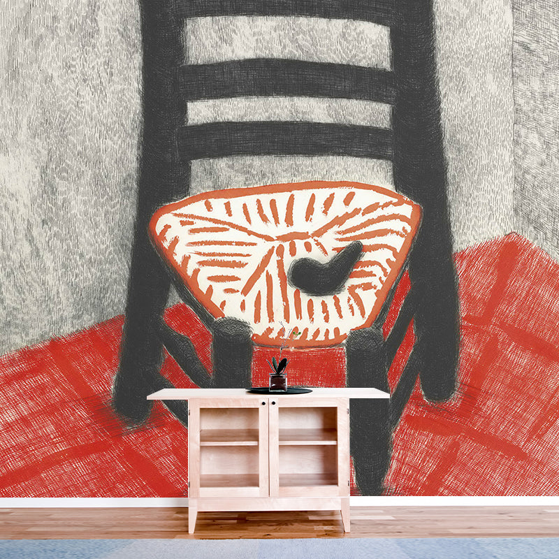 Art Low Wood Chair Mural Wallpaper Red-Grey Moisture Resistant Wall Decor for Living Room Clearhalo 'Wall Decor' 'Wall Mural' 1421355