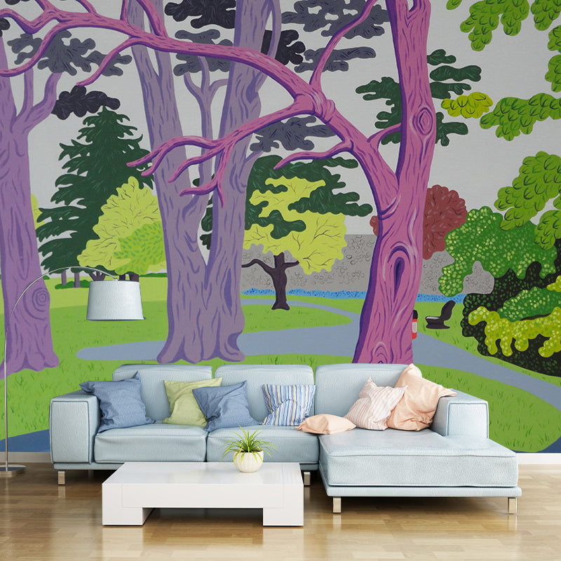 Artistic Park Scenery Wall Mural in Purple-Green Bedroom Wall Decor, Customized Size Clearhalo 'Wall Decor' 'Wall Mural' 1421389