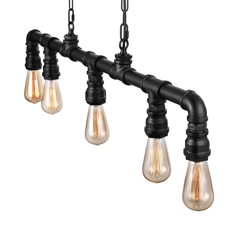 5 Lights Linear Island Pendant Light with Pipe Design Farmhouse Style Black Metal Lighting Fixture Clearhalo 'Ceiling Lights' 'Island Lights' Lighting' 142142