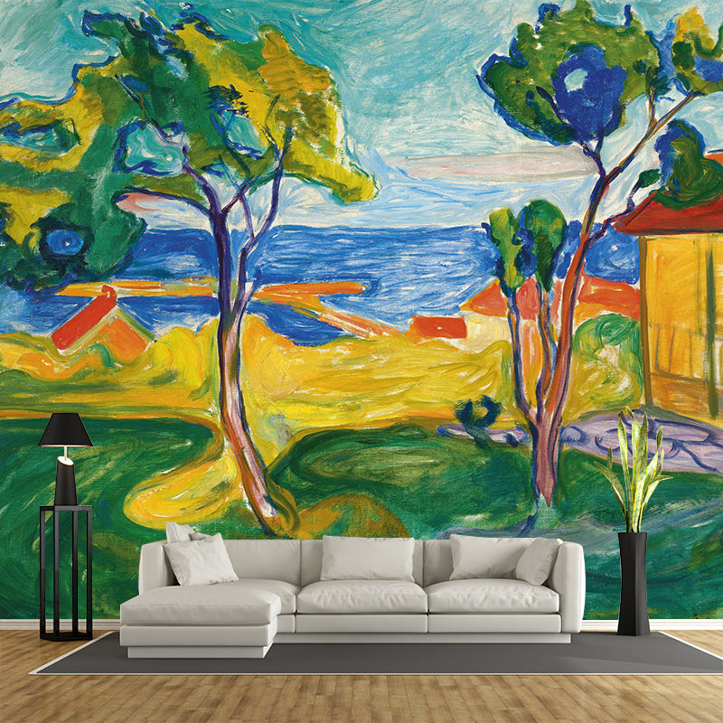 Autumn Coastal Cabin Wall Mural Modern Art Non-Woven Cloth Wall Decor in Blue-Yellow-Green Clearhalo 'Wall Decor' 'Wall Mural' 1421435