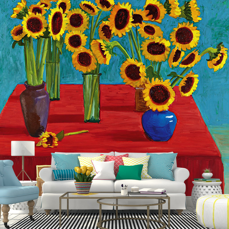 Modern Potted Sunflower Wallpaper Mural Red-Yellow-Blue-Green Bedroom Wall Art, Custom Printed Red-Yellow-Blue-Green Clearhalo 'Wall Decor' 'Wall Mural' 1421443